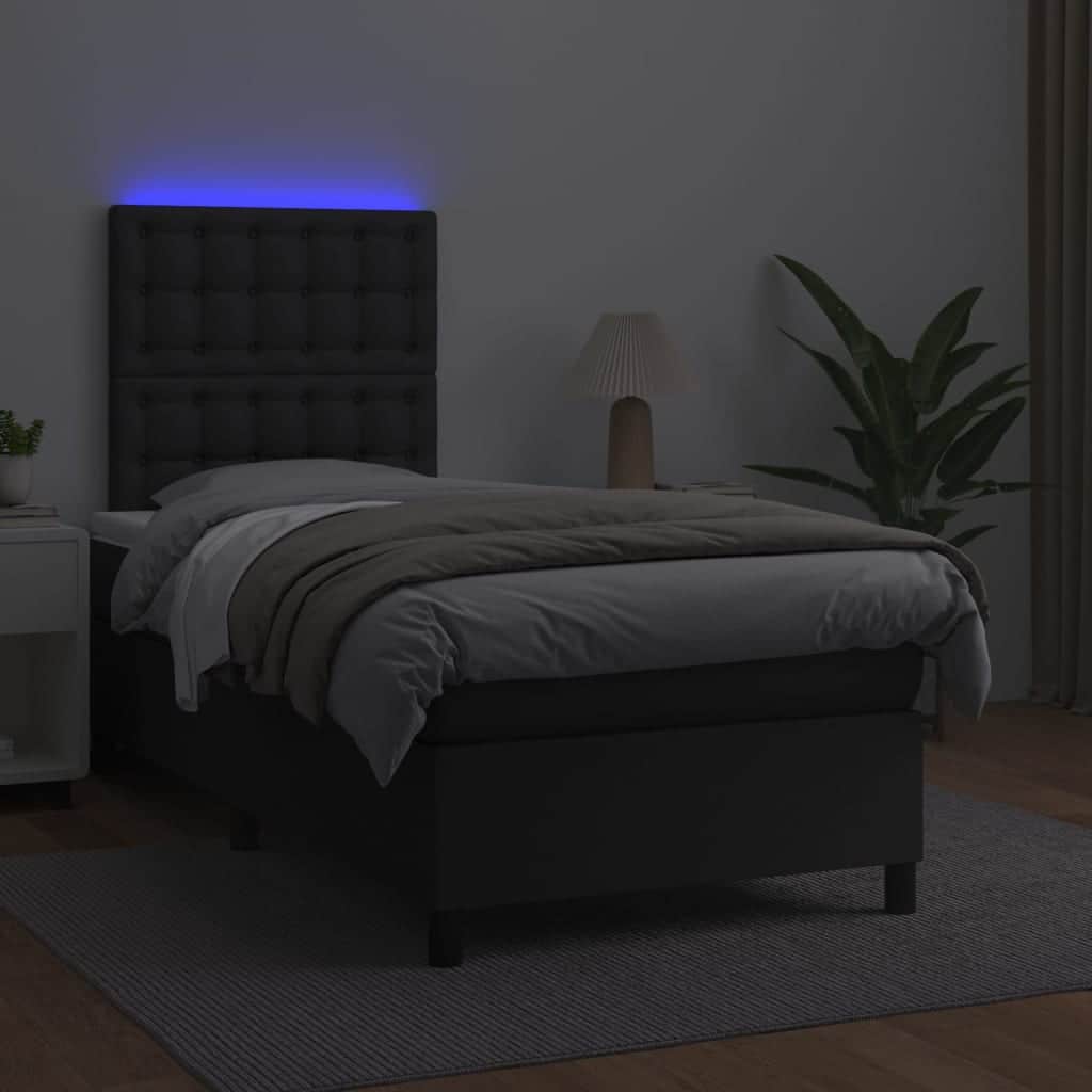 Black King Single Box Spring Bed with Faux Leather Pocket Spring Mattress LED