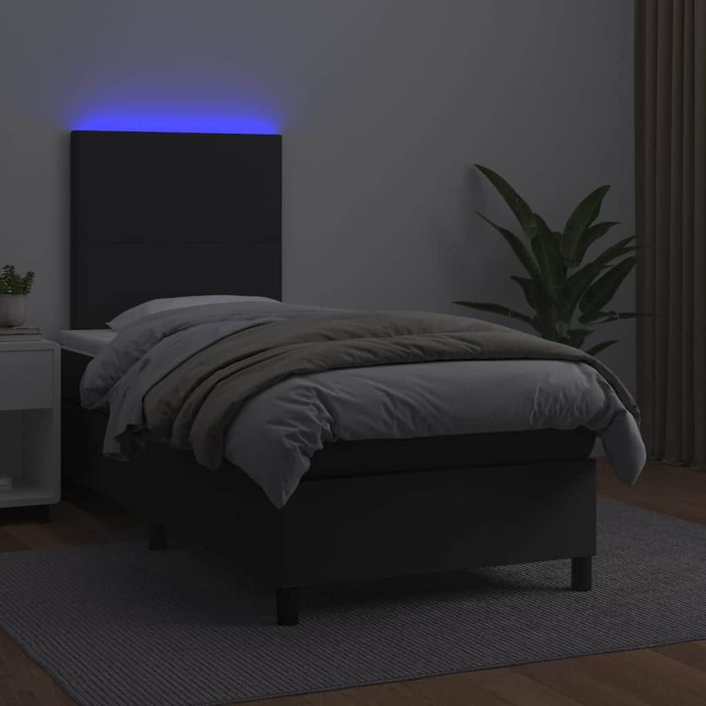 Black King Single Box Spring Bed with Faux Leather Pocket Spring Mattress LED