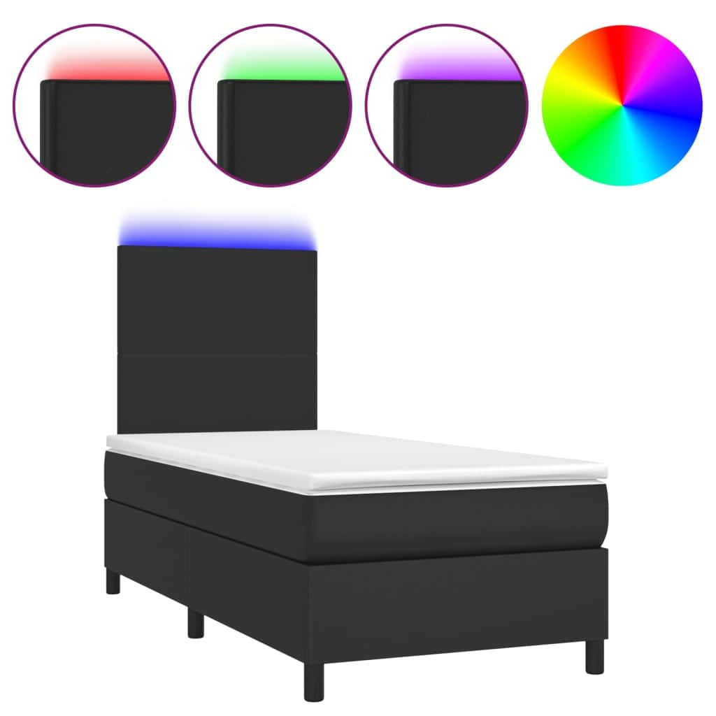 Black King Single Box Spring Bed with Faux Leather Pocket Spring Mattress LED