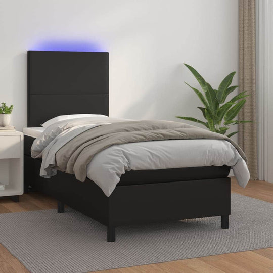 Black King Single Box Spring Bed with Faux Leather Pocket Spring Mattress LED | King Single