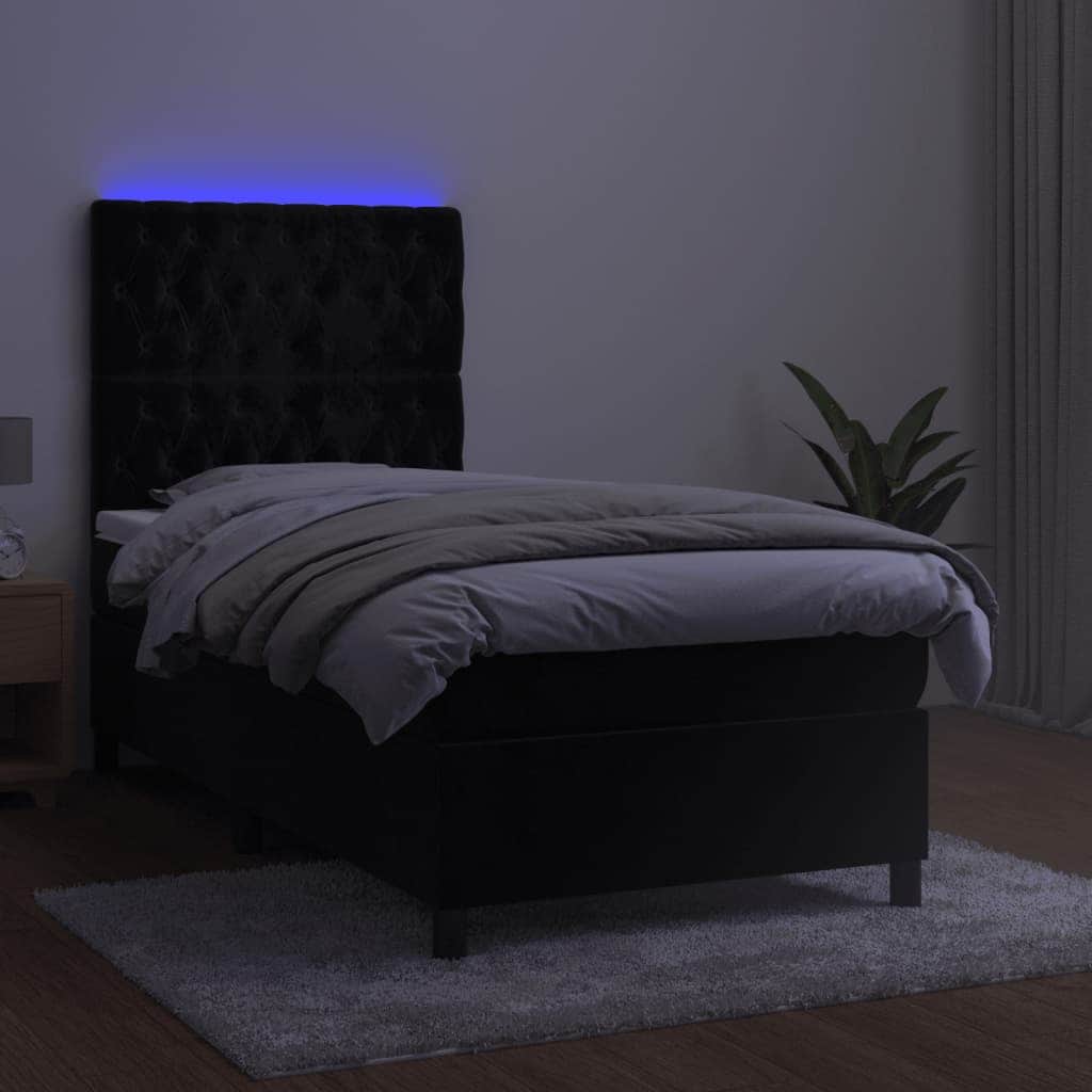 Black King Single Box Spring Bed with Velvet Pocket Spring Mattress LED
