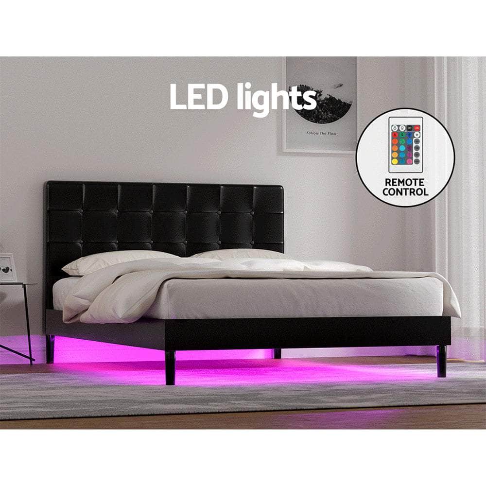 Black Leather Bed Frame with LED Lights and Charge Ports by RAVI