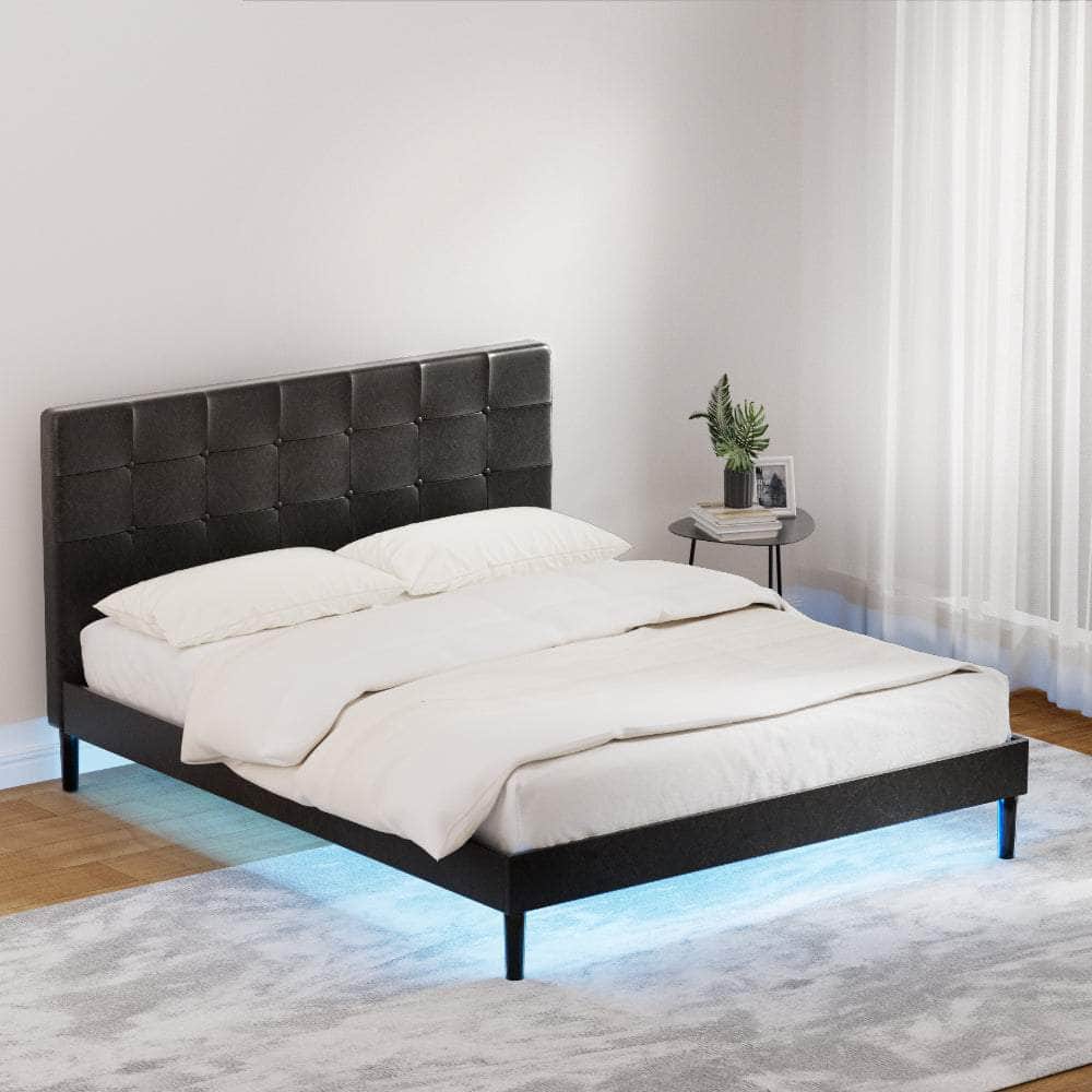 Black Leather Bed Frame with LED Lights and Charge Ports by RAVI