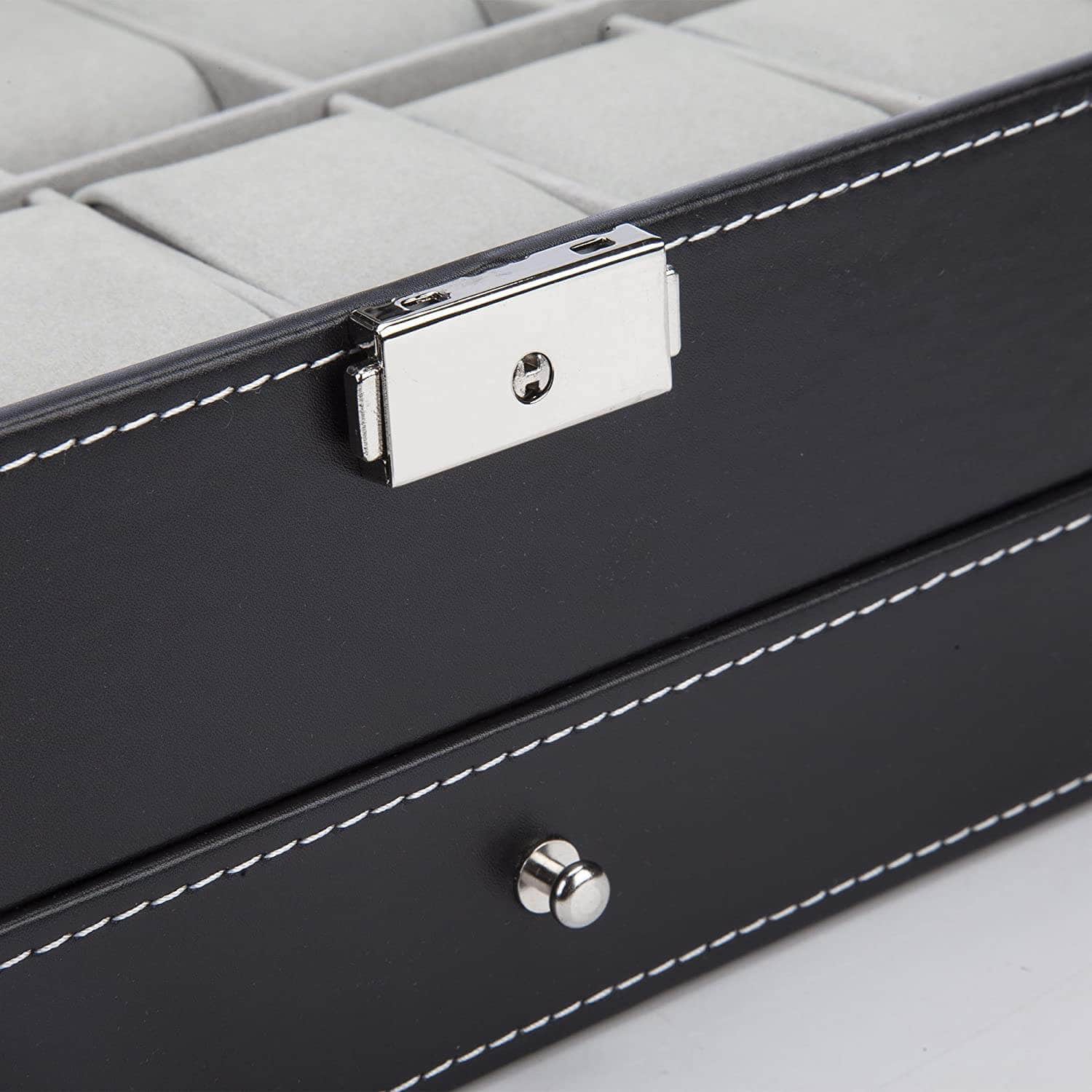 Black Leather Watch Box Jewelry Display Case With Drawers (12 Slots With 2 Layers)