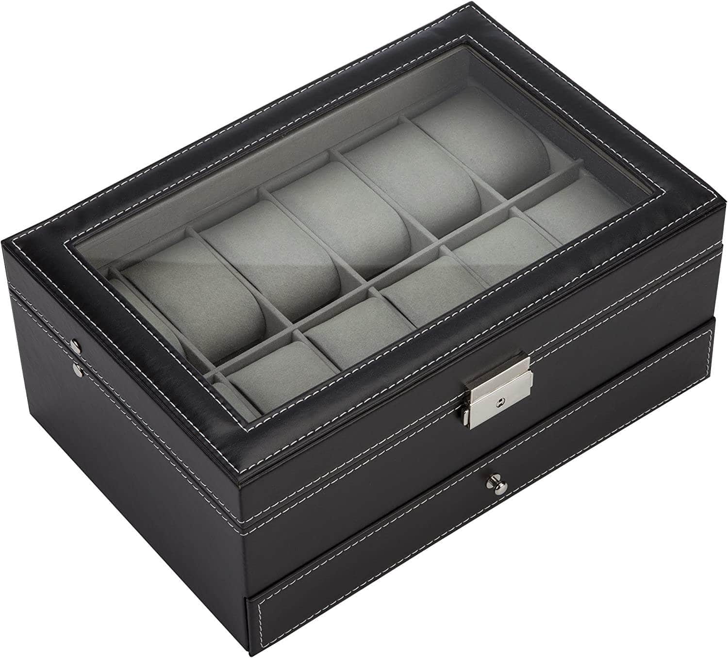 Black Leather Watch Box Jewelry Display Case with Drawers 12 Slots with 2 Layers