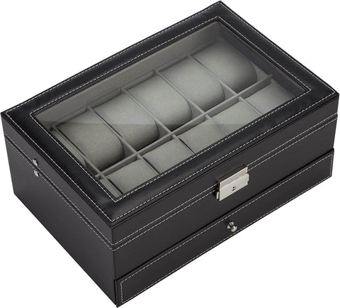 Black Leather Watch Box Jewelry Display Case With Drawers (12 Slots With 2 Layers)