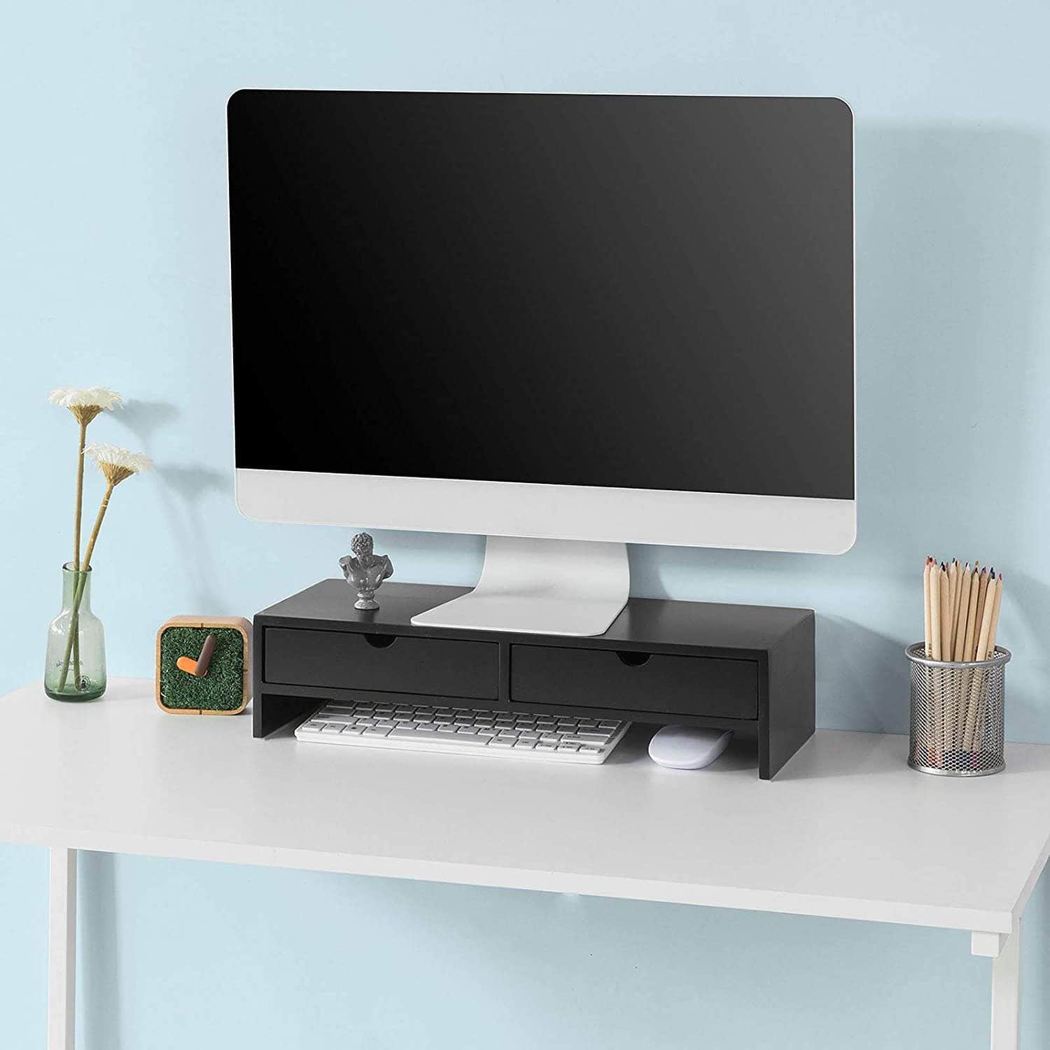 Black Monitor Stand Desk Organizer With 2 Drawers