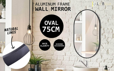 Black Wall Mirror Oval Aluminum Frame Makeup Decor Bathroom Vanity 50 X 75Cm