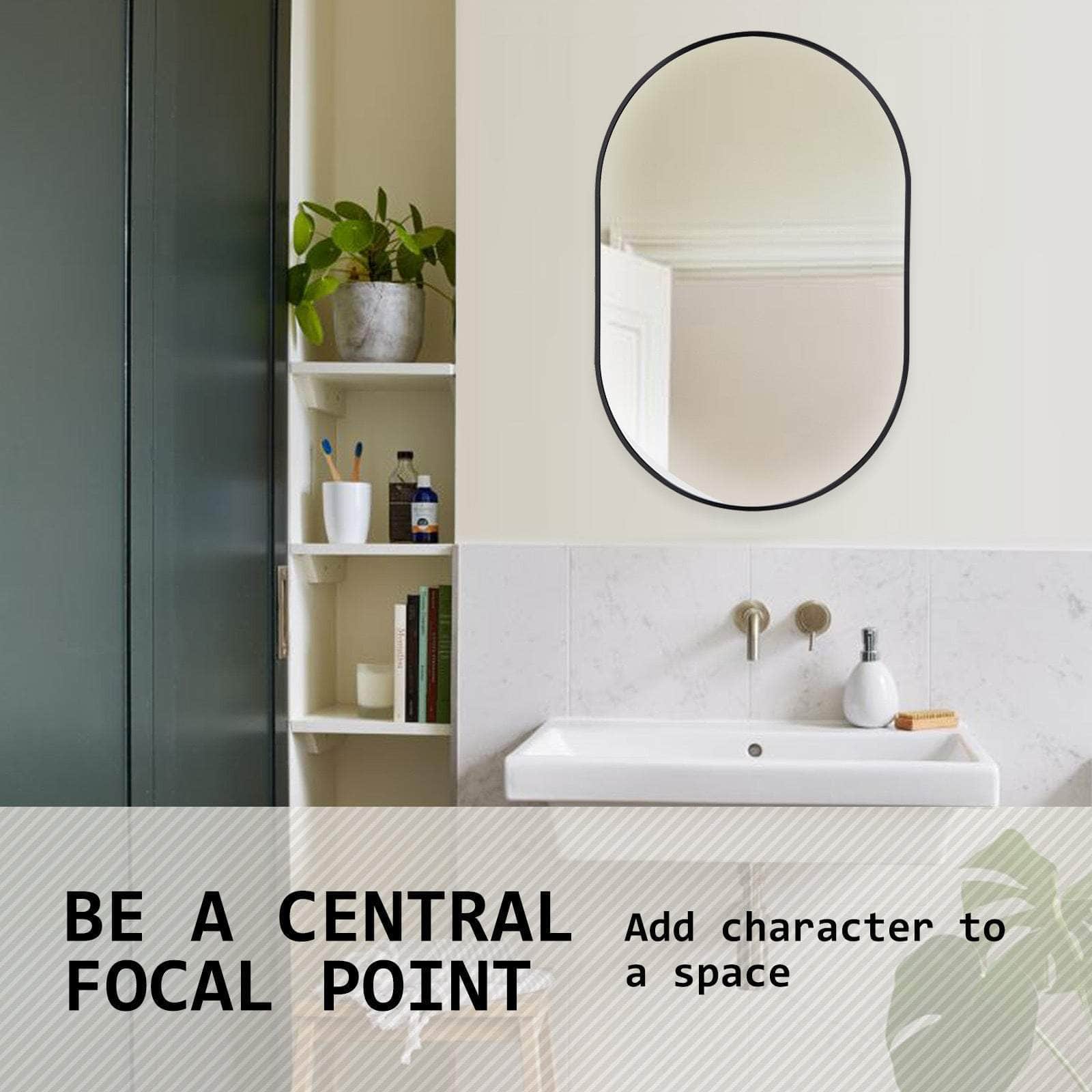 Black Wall Mirror Oval Aluminum Frame Makeup Decor Bathroom Vanity 50 X 75Cm