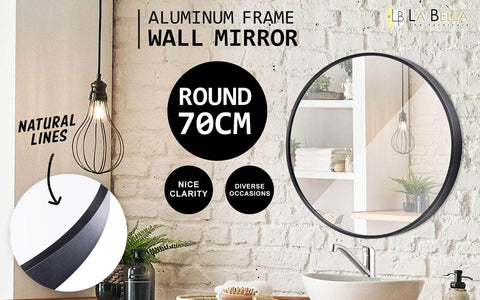 Black Wall Mirror Round Aluminum Frame Makeup Decor Bathroom Vanity 70Cm