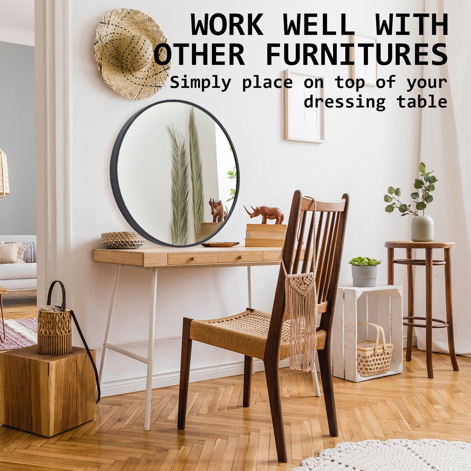 Wall Mirror Round Aluminum Frame Bathroom 80cm BLACK with Makeup Decor Vanity