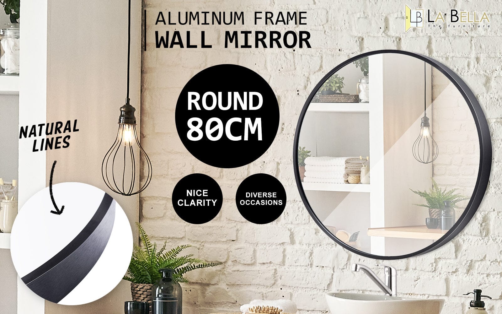 Wall Mirror Round Aluminum Frame Bathroom 80cm BLACK with 80Cm