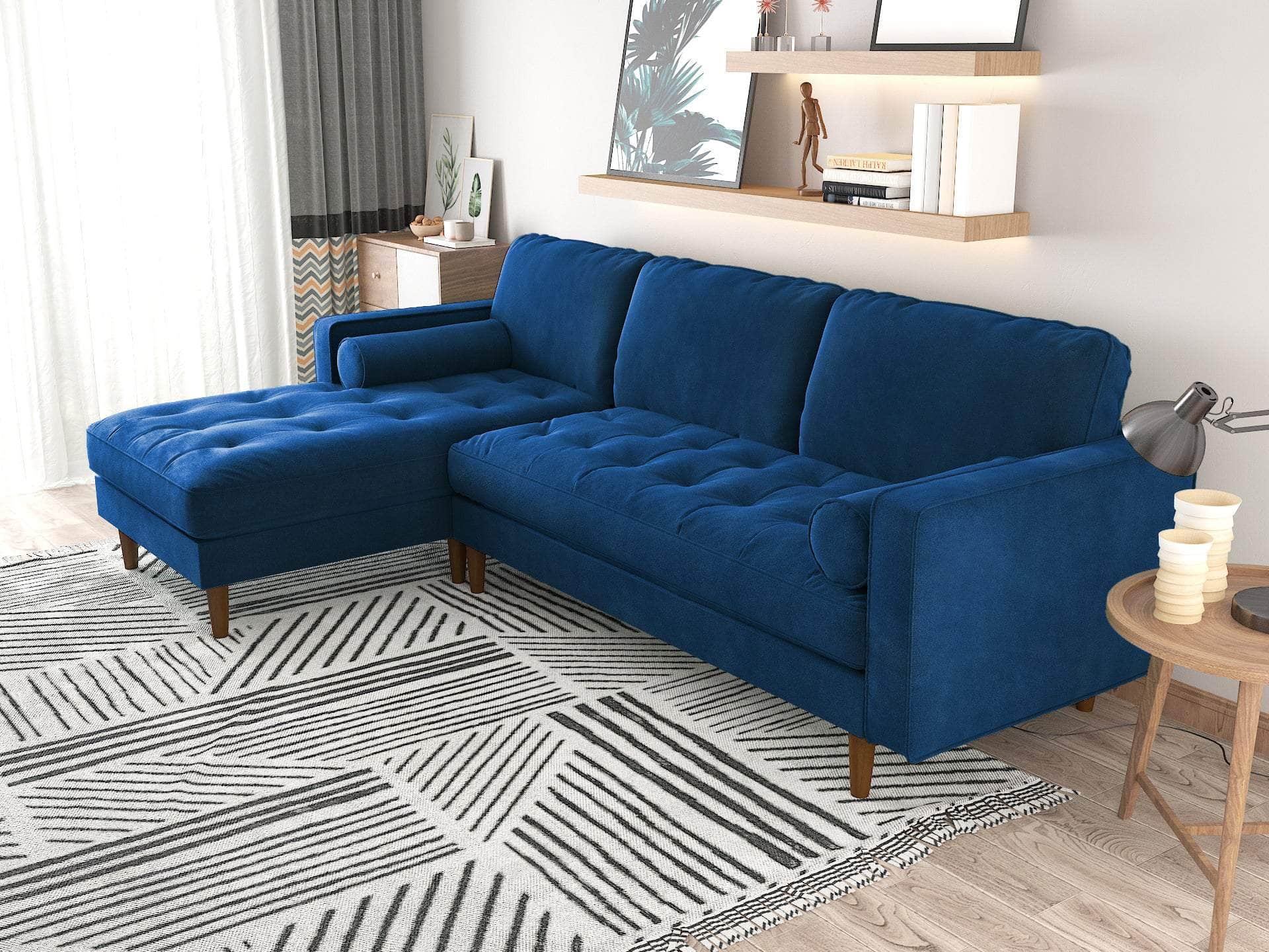 Blue coloured couch and Chaise for the living room 2 seater Tufted with Velvet Upholstery