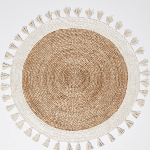 Bohemian Cream & Natural Braided Jute Cotton Round Rug With Tassel