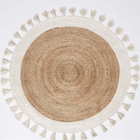 Bohemian Cream & Natural Braided Jute Cotton Round Rug With Tassel