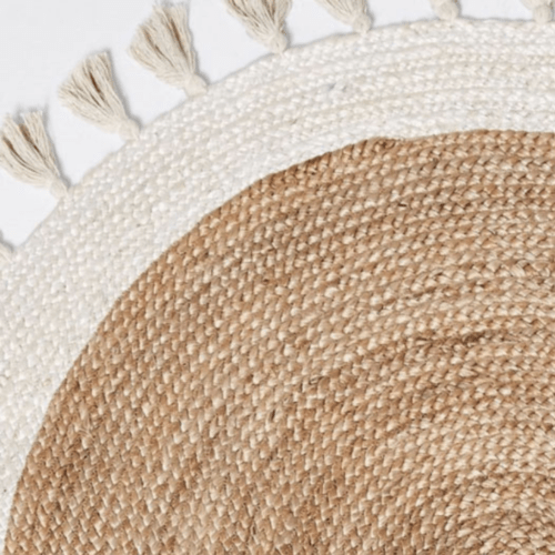Bohemian Cream & Natural Braided Jute Cotton Round Rug With Tassel