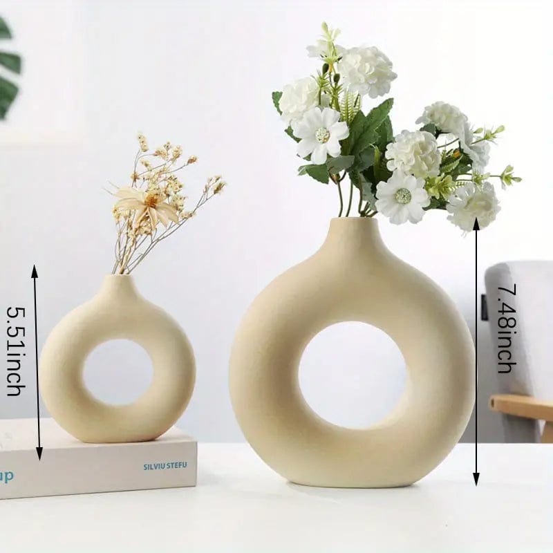 Boho Circle White Ceramic Vase Modern Decor for Wedding, Living Room, Office, Bedroom - Round & Donut Shape White