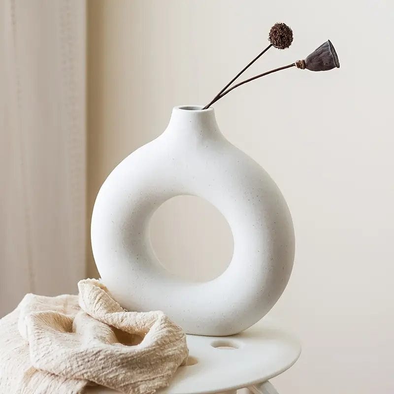 Boho Circle White Ceramic Vase Modern Decor for Wedding, Living Room, Office, Bedroom - Round & Donut Shape White