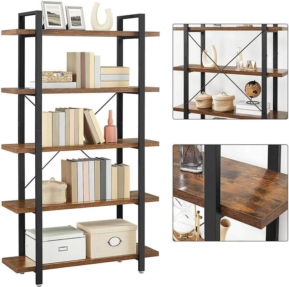 Bookshelf 5-Tier Industrial Stable Bookcase Rustic Brown and Black LLS55BX