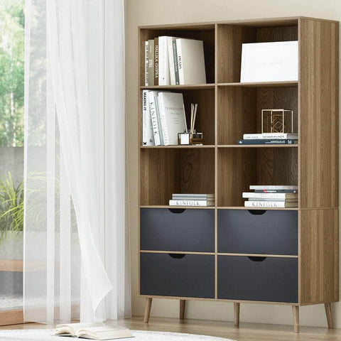 Bookshelf With 4 Drawers - Mitzi Oak And Blue