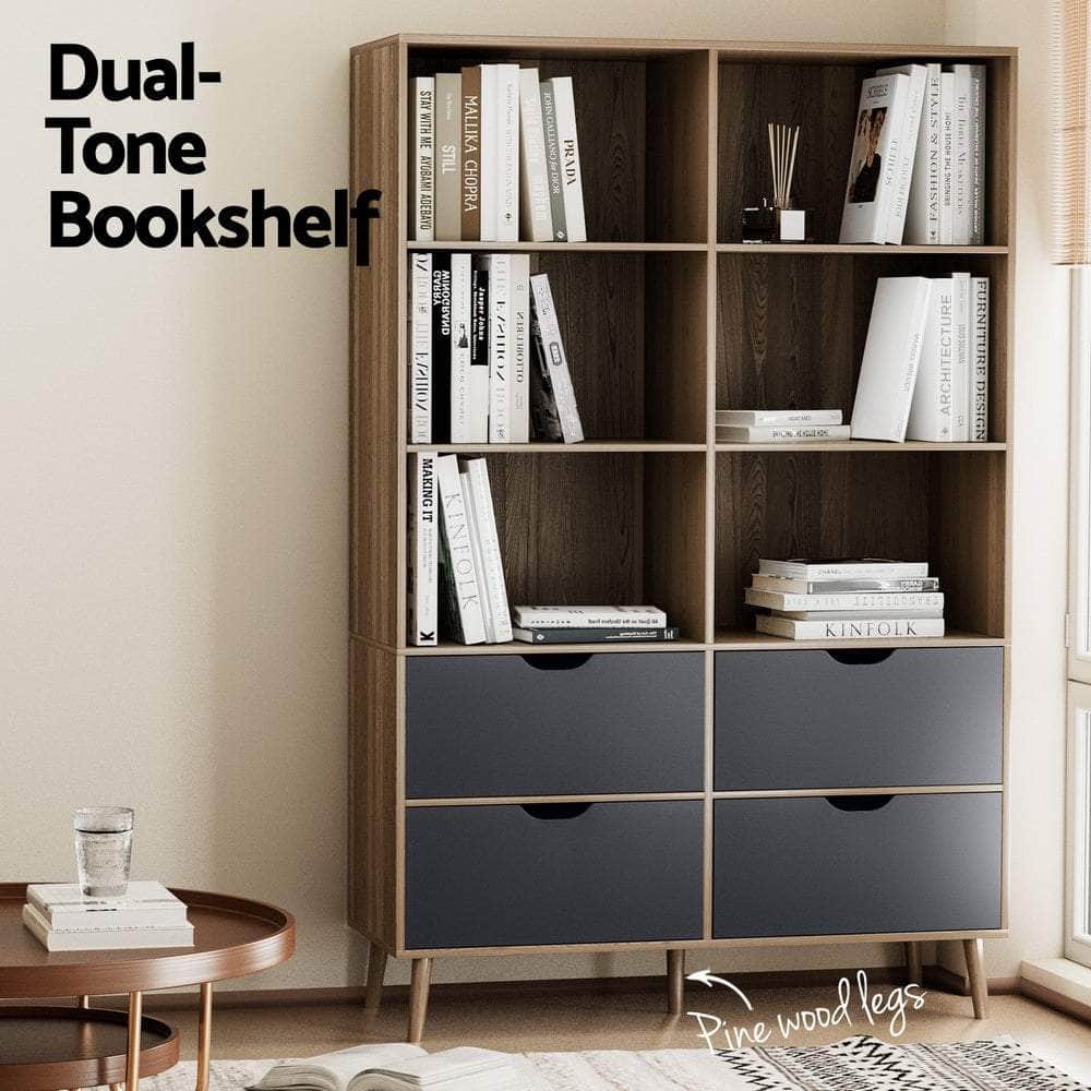 Bookshelf with 4 Drawers - MITZI Oak and Blue