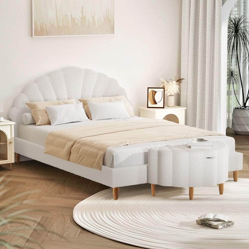 Boucle Bed Frame with Ottoman Set Scallop Shaped Sherpa Bedhead Double