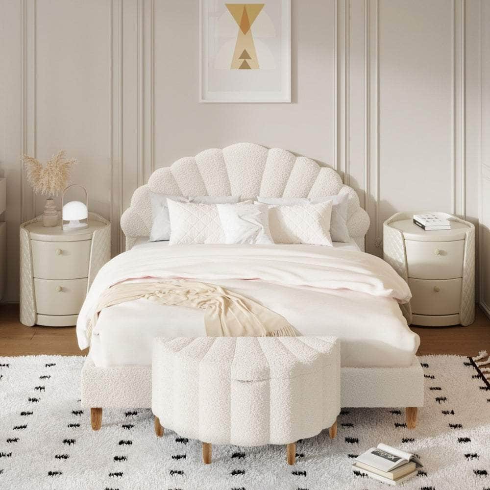 Boucle Bed Frame with Ottoman Set Scallop Shaped Sherpa Bedhead Double