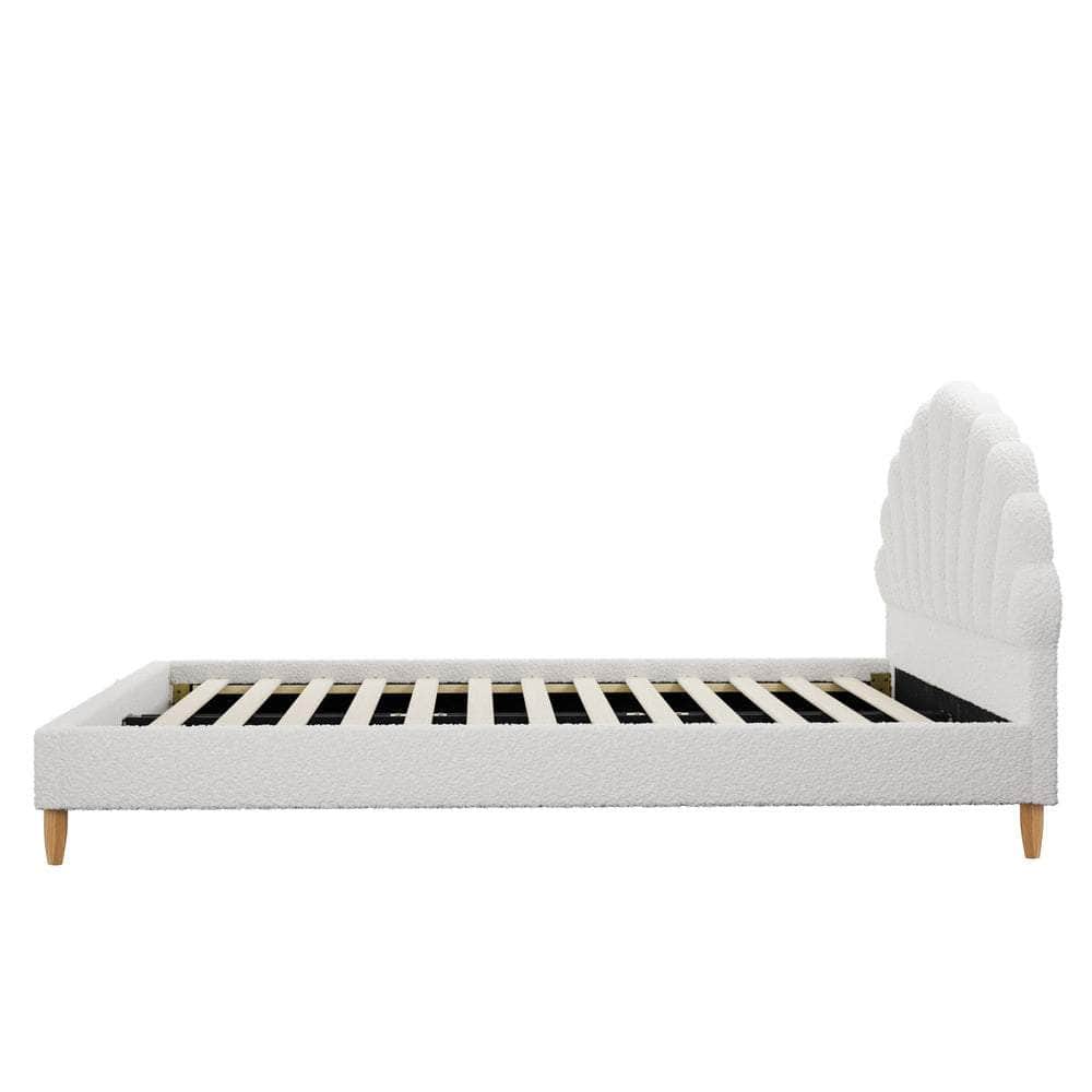 Boucle Bed Frame with Ottoman Set Scallop Shaped Sherpa Bedhead Double