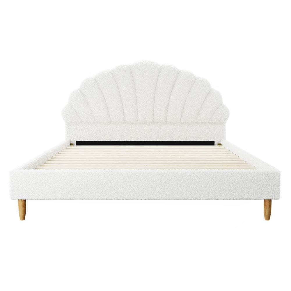 Boucle Bed Frame with Ottoman Set Scallop Shaped Sherpa Bedhead Double