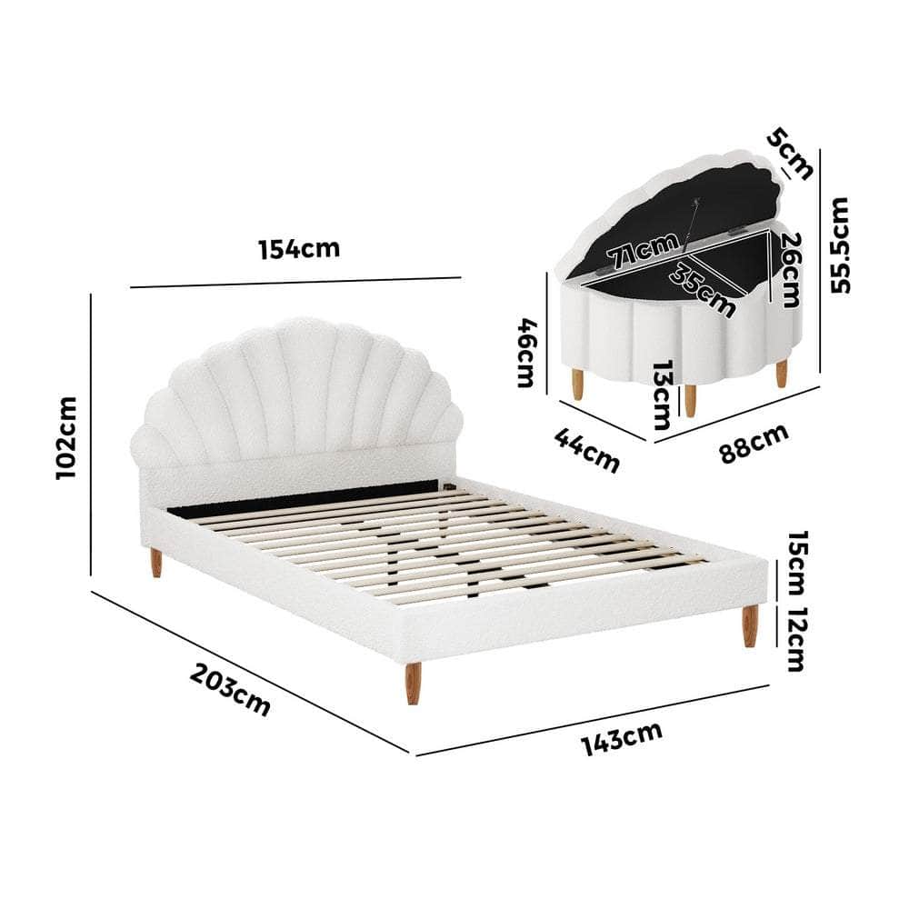 Boucle Bed Frame with Ottoman Set Scallop Shaped Sherpa Bedhead Double