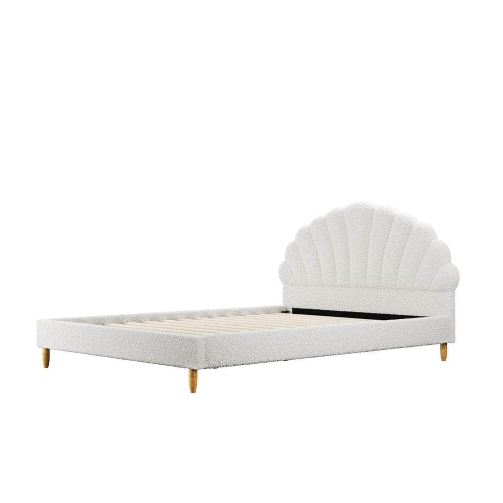 Boucle Bed Frame with Ottoman Set Scallop Shaped Sherpa Bedhead Double