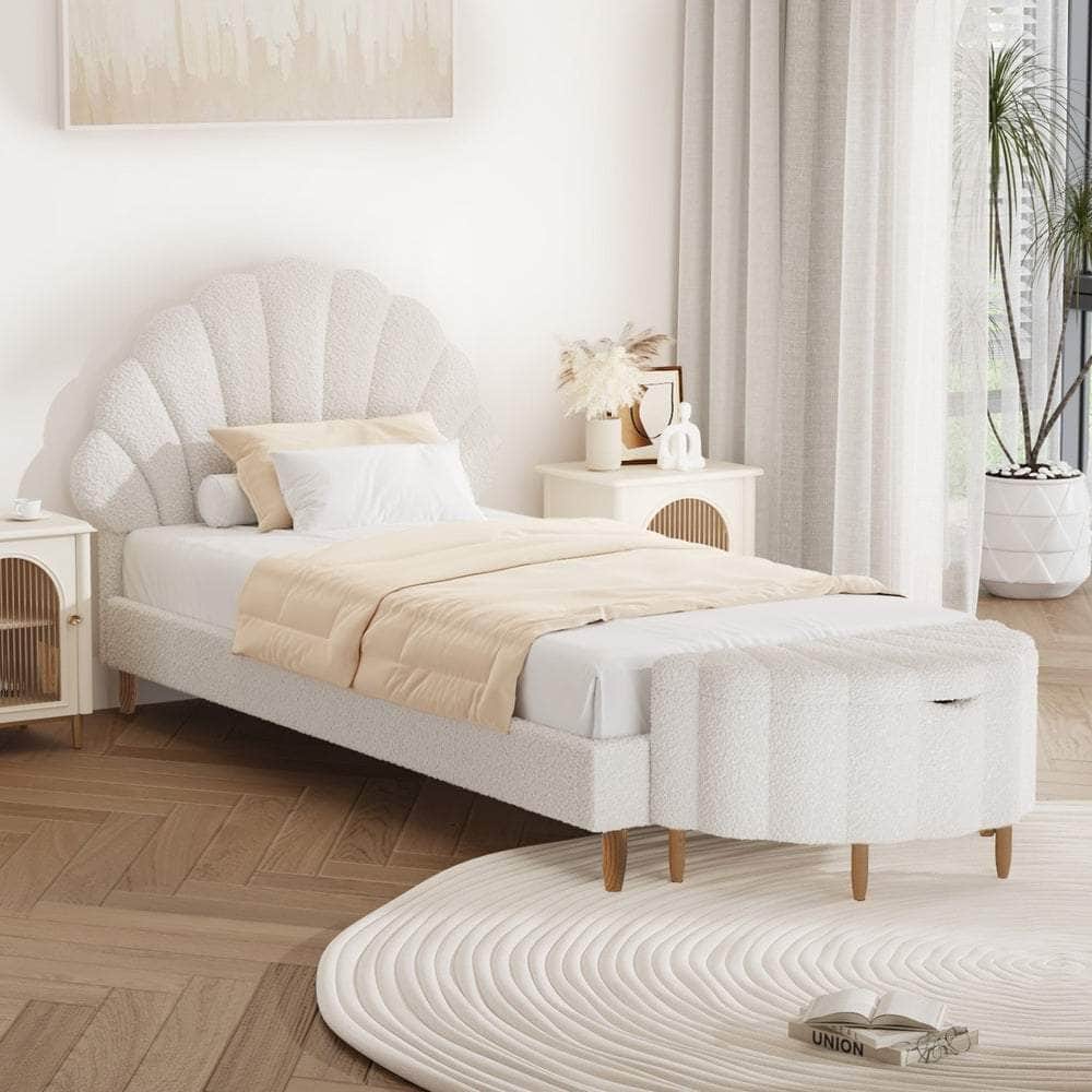 Boucle Bed Frame with Ottoman Set Scallop Shaped Sherpa Bedhead Single