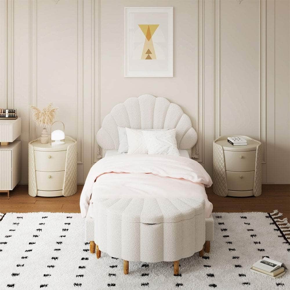 Boucle Bed Frame with Ottoman Set Scallop Shaped Sherpa Bedhead Single