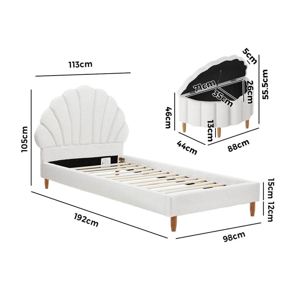 Boucle Bed Frame with Ottoman Set Scallop Shaped Sherpa Bedhead Single