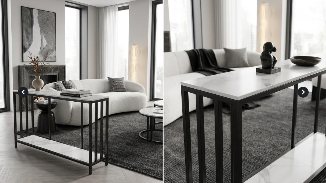 Bronte Dual Layer Marble Stone Console - White Marble Stone, White colour