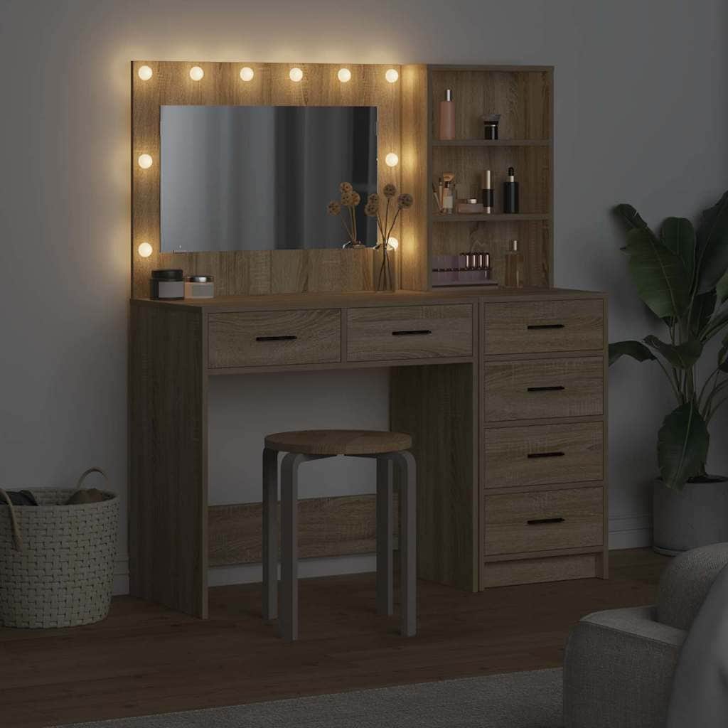 Brown Dressing Table with LED Lights Drawer Shelf Engineered Wood Makeup Vanity Unit