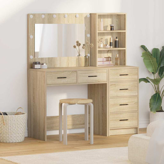 Brown Dressing Table with LED Lights Drawer Shelf