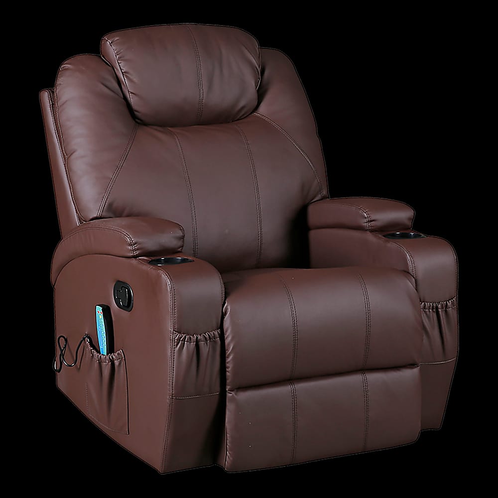 Brown Massage Sofa Chair Recliner Swivel Leather 8 Point Heated, Leather finish