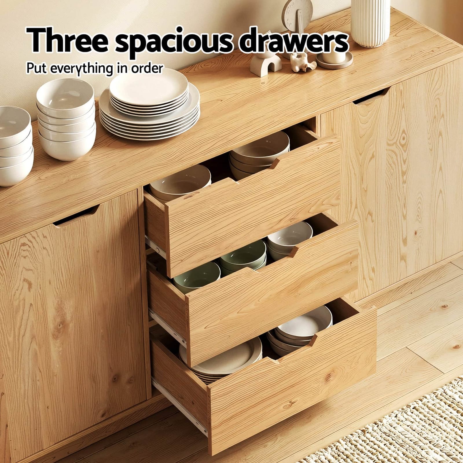 Buffet Sideboard Cabinet with Drawers Oak Scandinavian Modern Storage, Oak colour - photo 12