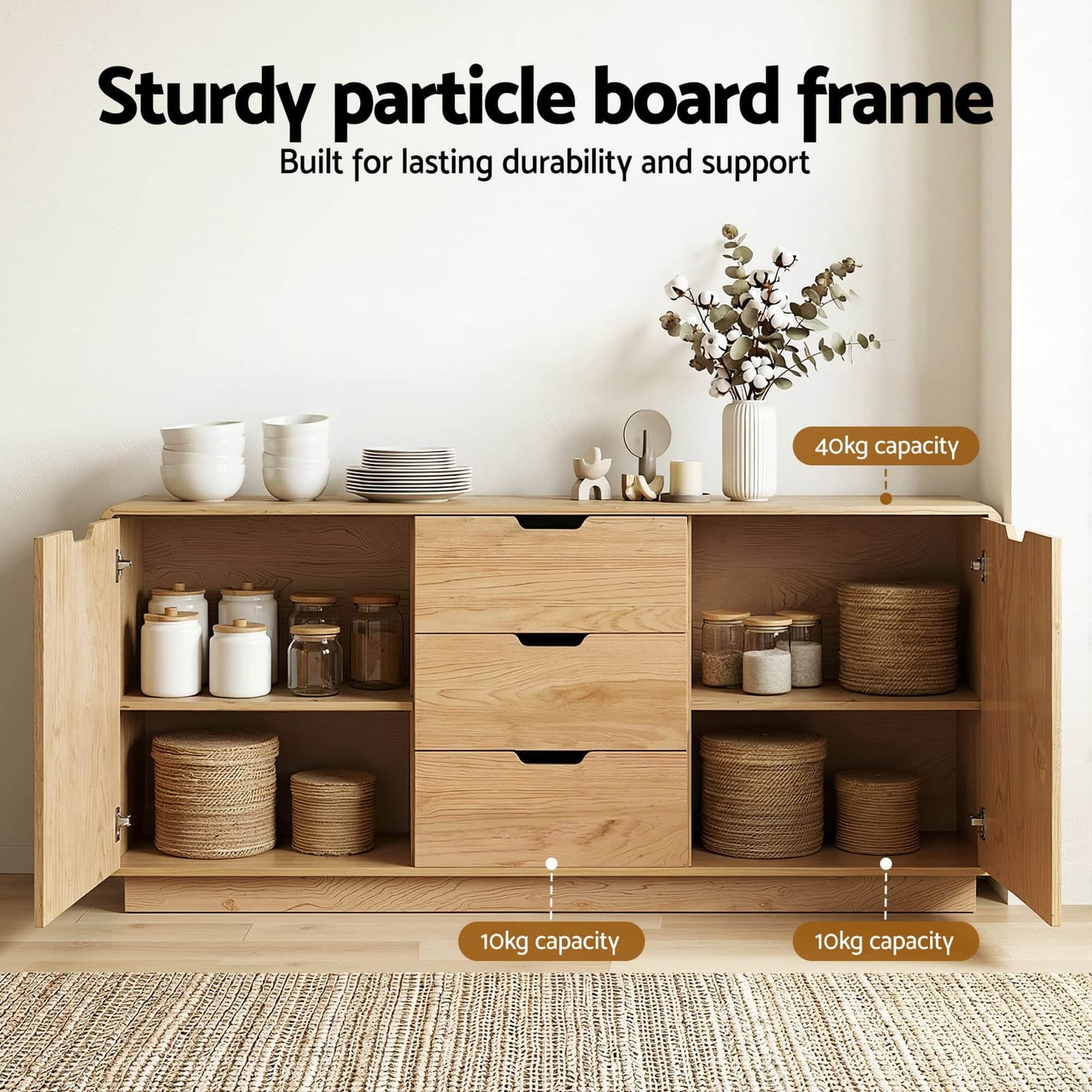 Buffet Sideboard Cabinet with Drawers Oak Scandinavian Modern Storage with Oak colour - photo 8