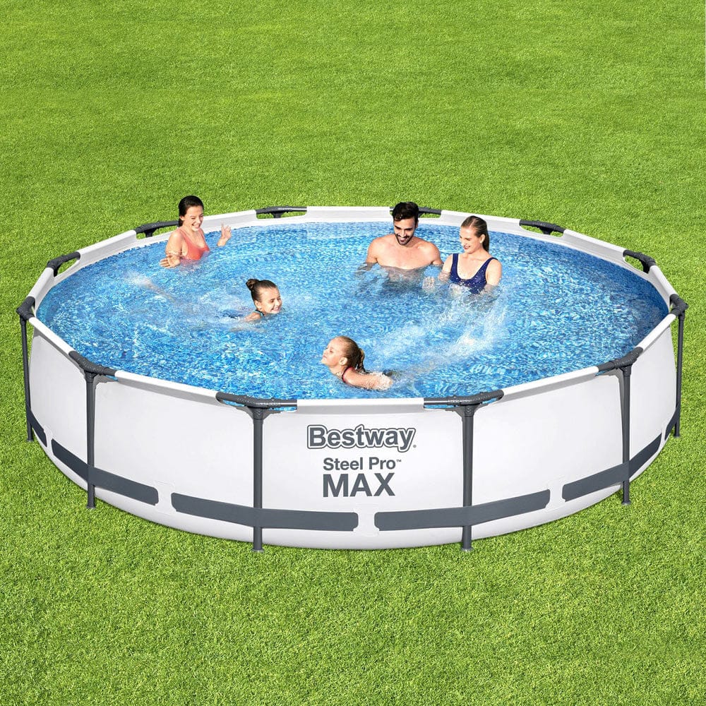 366X76Cm Steel Frame Round Above Ground Pool W/ Filter Pump - Swimming Pools