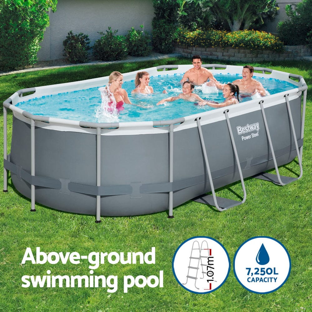 Steel Frame Above Ground Pool 427x250x100cm with Filter Pump Ladder - Swimming Pools