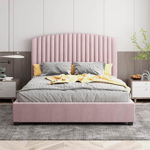 Camelia Queen Size Bed Frame Pink Velvet Upholstery High Headboard