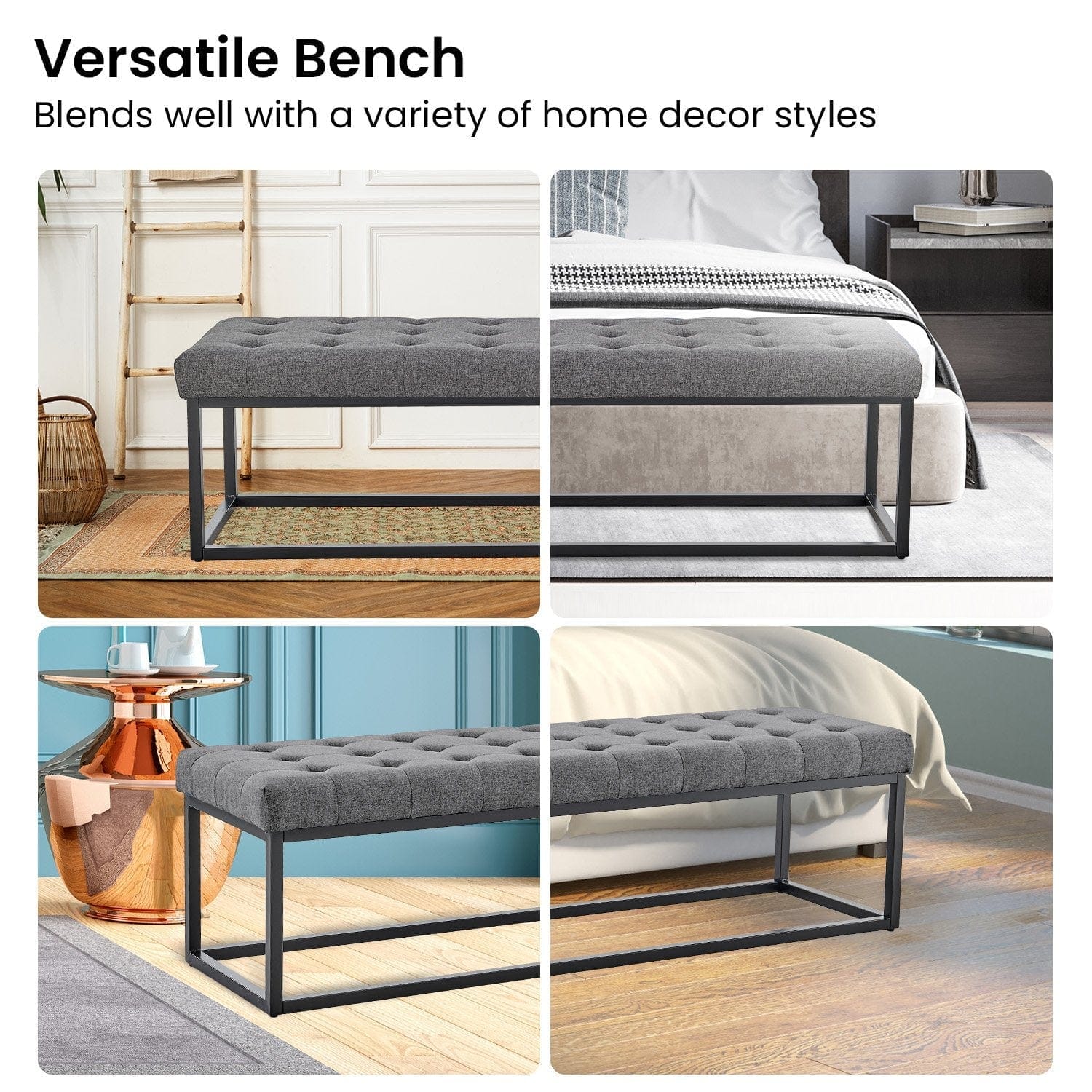 Cameron Button-Tufted Upholstered Bench with Metal Legs -Dark Grey, Metal finish