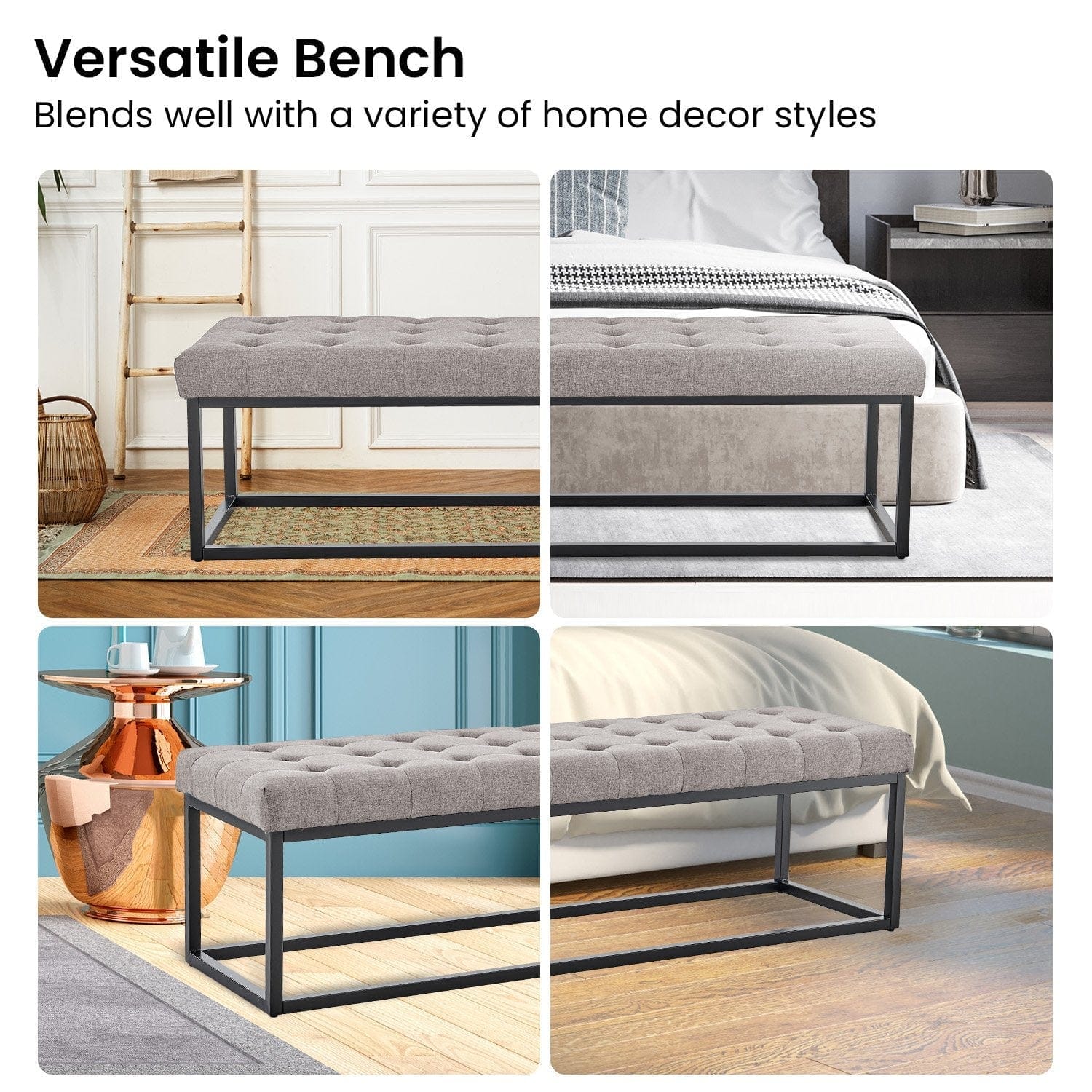 Cameron Button-Tufted Upholstered Bench with Metal Legs -Light Grey with indoor furniture