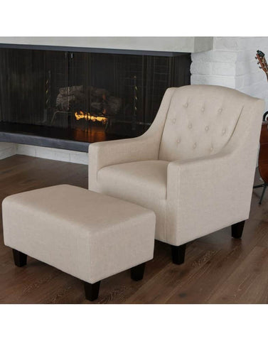 Canberra Fabric Armchair & Ottoman in Begie Linen