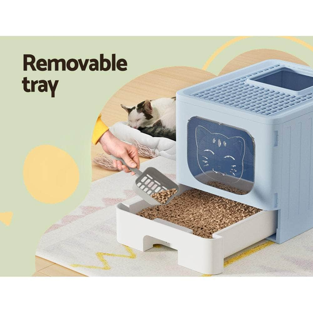 Cat Litter Box Large Tray Kitty Toilet Enclosed Hooded Foldable Scoop Blue