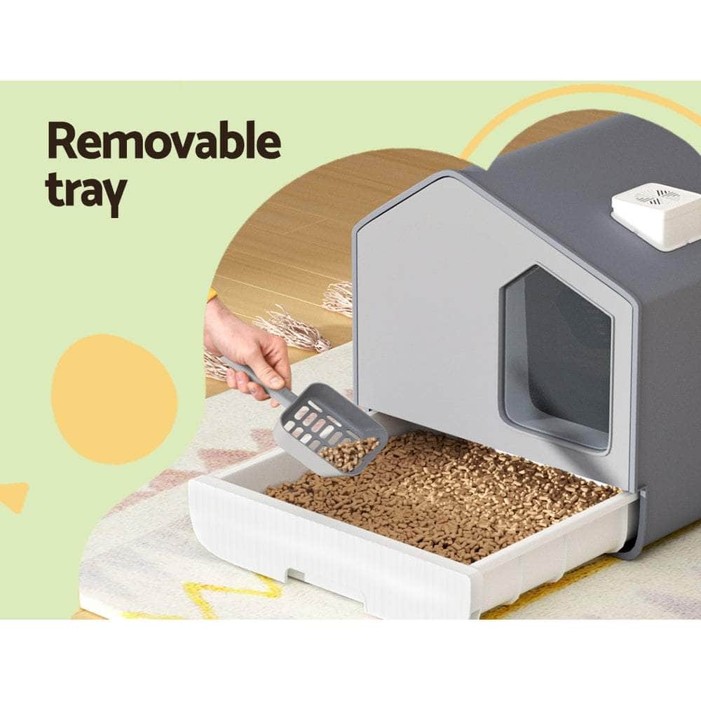 Cat Litter Box Large Tray Kitty Toilet Hooded Scoop Mat Grey