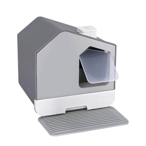 Large Cat Litter Box - Hooded Tray with Scoop & Mat, Grey