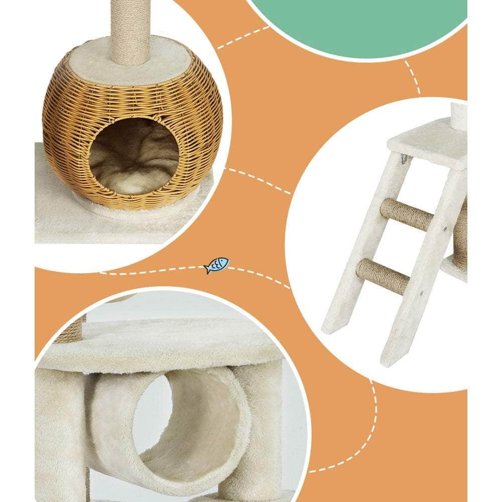 Cat Tree 138Cm Tower Scratching Post Scratcher Wood Bed Condo House Rattan Ladder